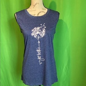 Heather Blue Sleeveless Top with Just Breathe Dandelion Print